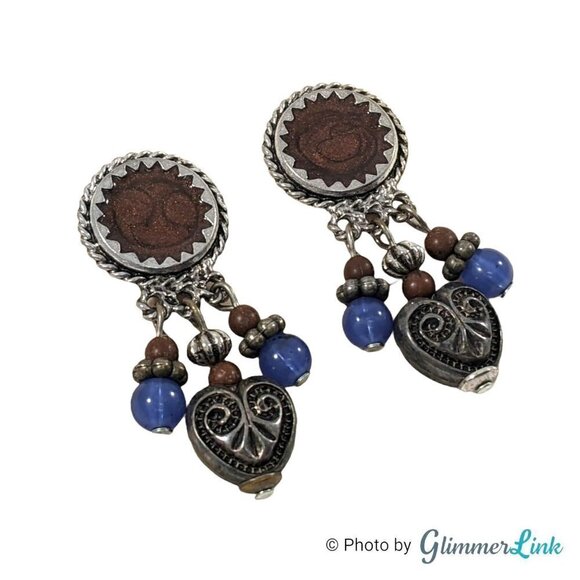 Vintage Oops A Daisy Brown Enamel Blue Beads Ornate Heart Tribal Southwestern St - Picture 3 of 10